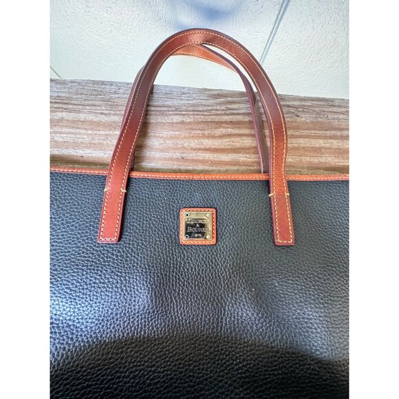 Dooney & Bourke Black Leather Tote Bag With Brown Trim & Gold Logo - Picture 2 of 10